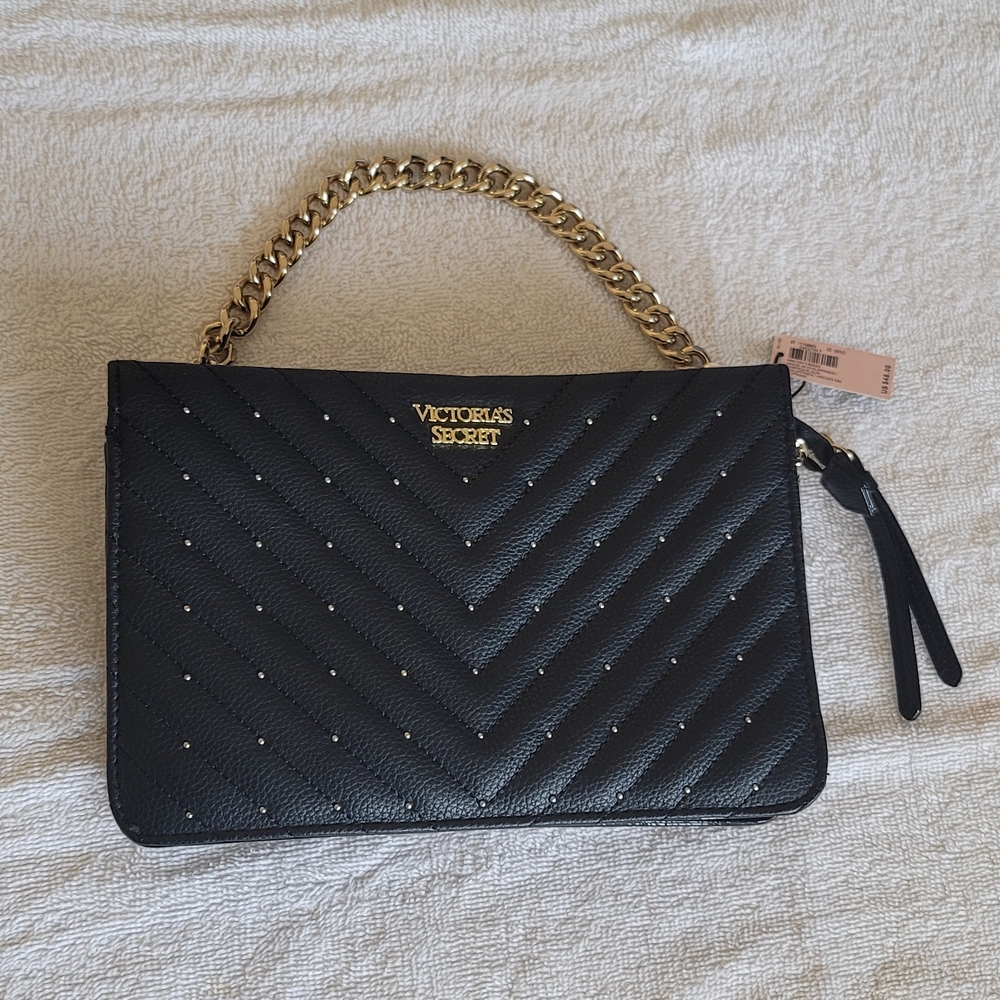 Victoria's Secret Black Chevron Clutch with Gold Chain